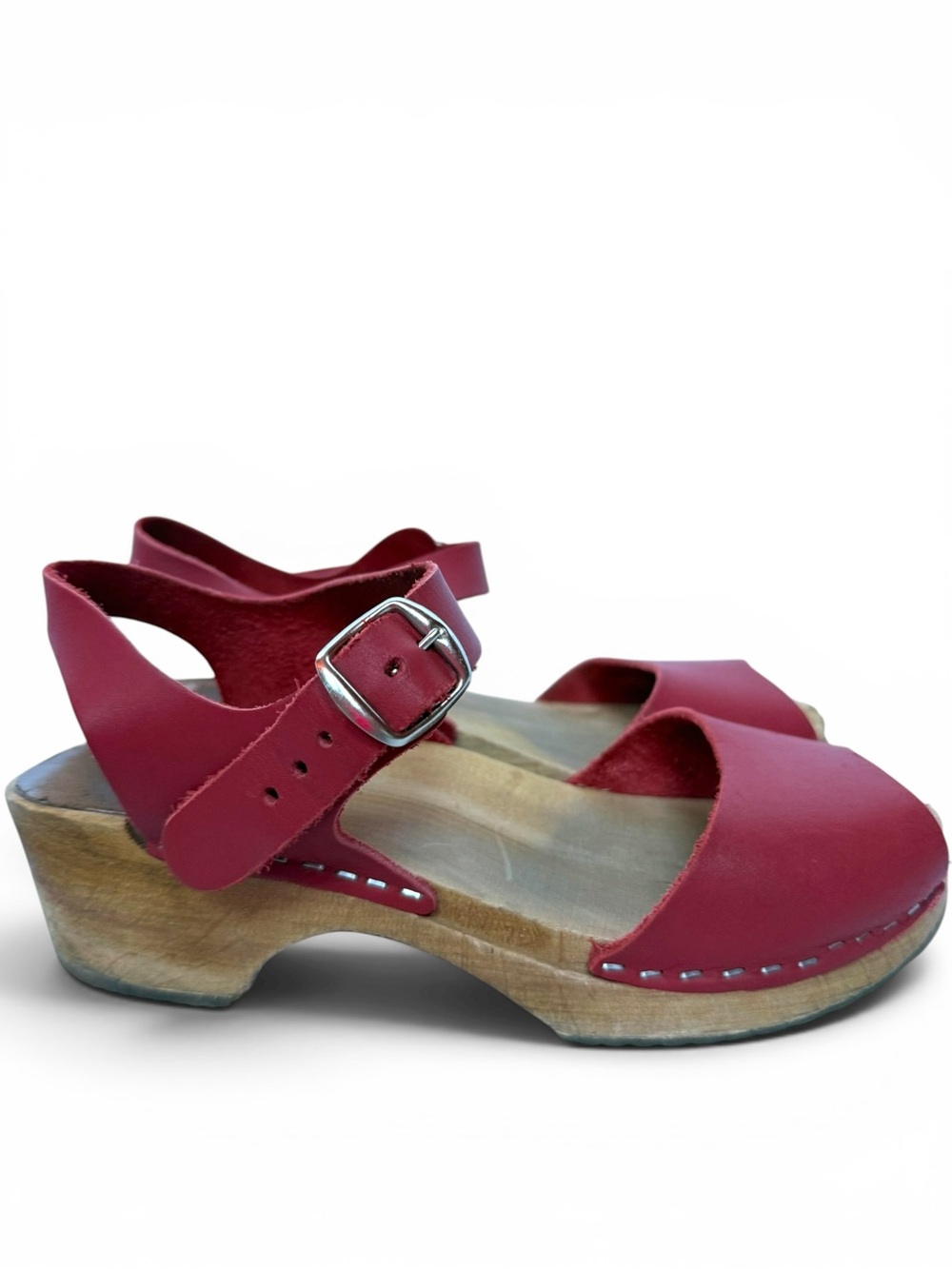 Swedish Hasbeens Red Leather Wooden Clog Sandals Size EU 37 US 7 Ankle Strap